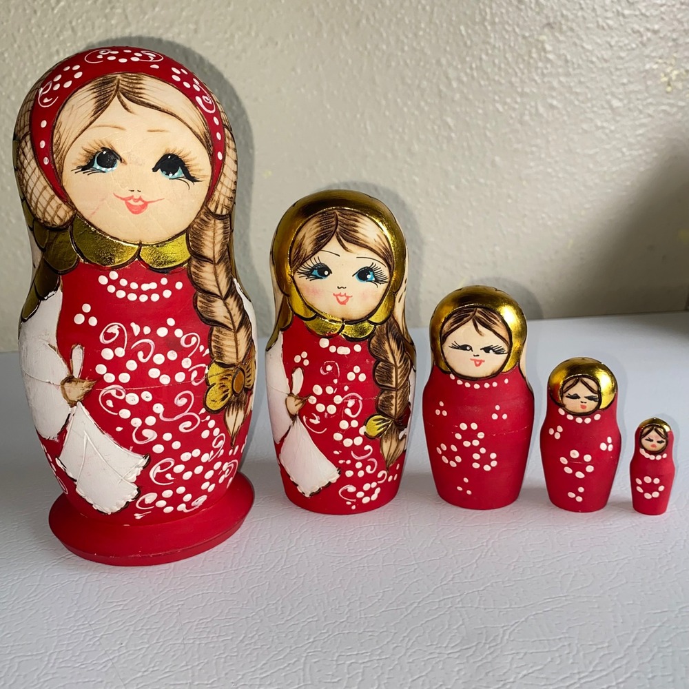 Russian Nesting Dolls Matryoshka Set 5 Piece Red Gold Hand Painted Wood Burned